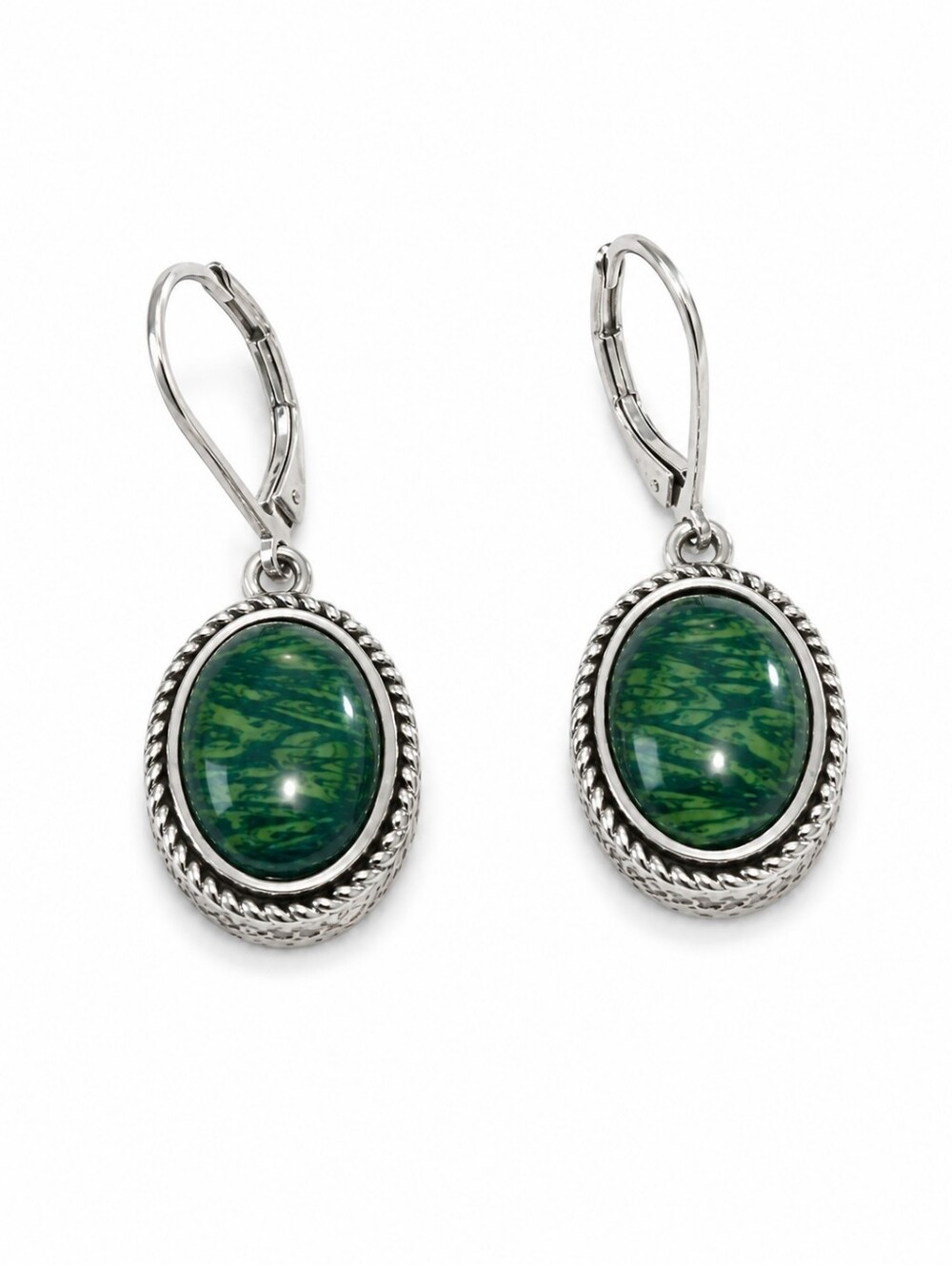 Napier Silvertone Leverback Earrings with Green Marbled Oval Stone
